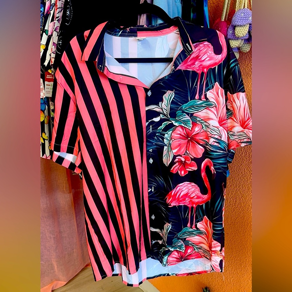 Pink and Black Striped Floral Shirt